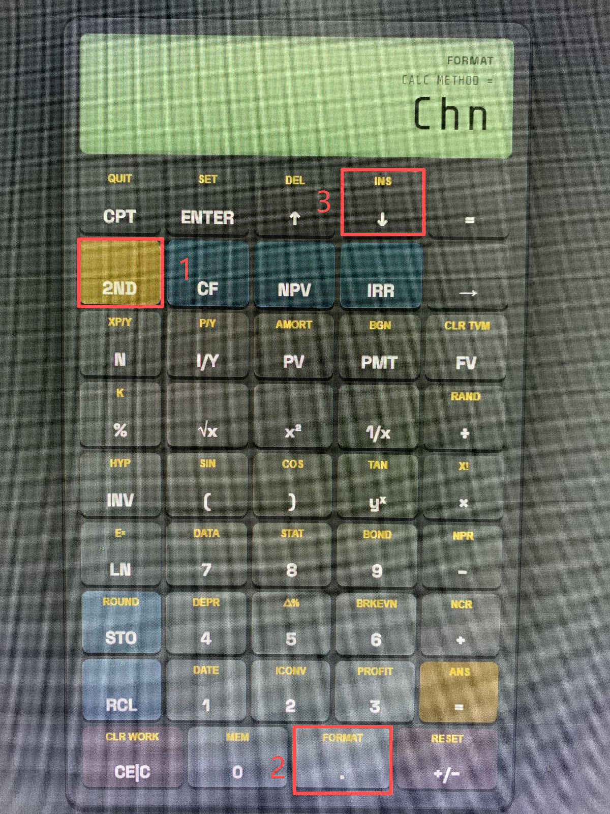 Physical BA II Plus calculator screen showing CALC METHOD = Chn with keystrokes 1, 2, and 3 highlighted in red boxes