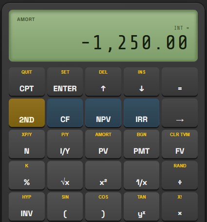 BA II Plus screen showing INT = -1250.00