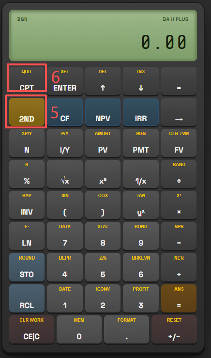 BA II Plus Calculator Step 3: Press [2ND] then [CPT] (QUIT) with persistent BGN annunciator