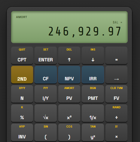 BA II Plus screen showing BAL = 246929.97