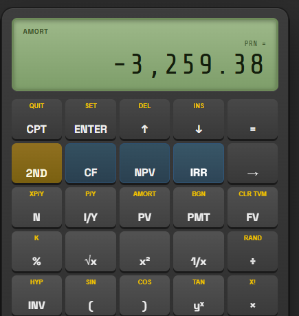 BA II Plus screen showing PRN = -3259.38