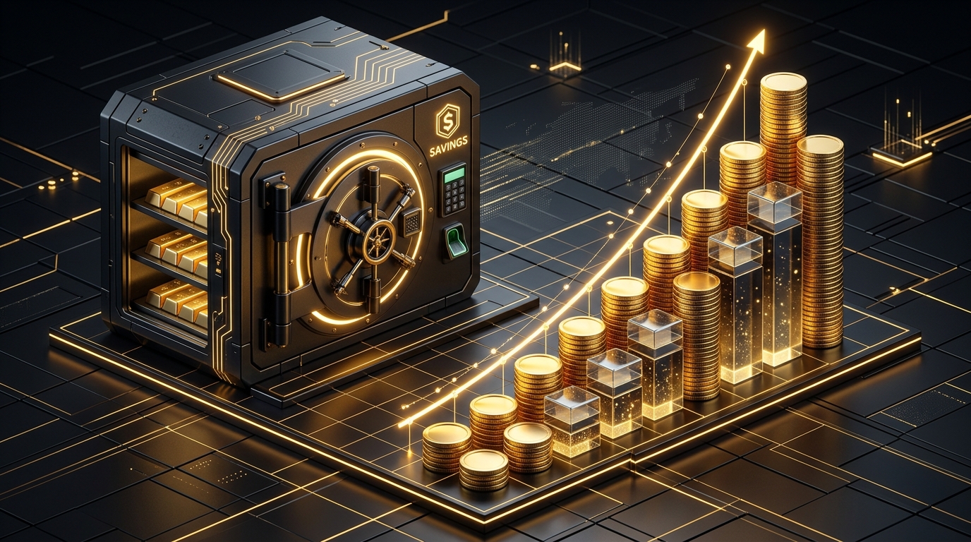 3D isometric visualization of compound savings growth, financial vault, and rising gold coin asset columns
