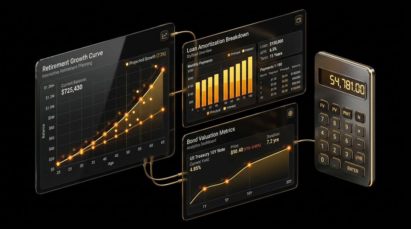 3D isometric dark-mode glassmorphic financial applications dashboard with retirement, amortization, and bond valuation