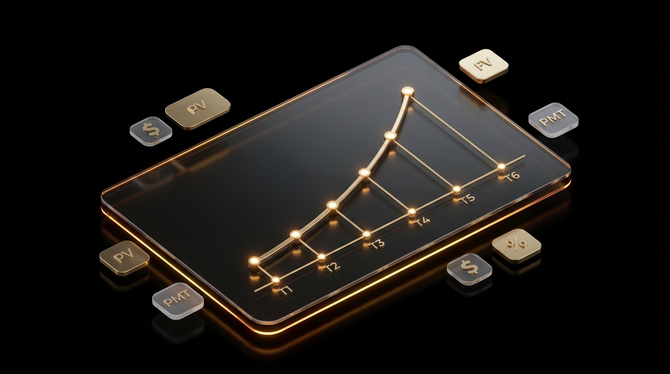 3D isometric dark-mode glassmorphism Time Value of Money compound growth visualization